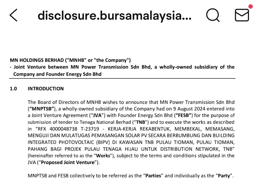 $MNHLDG (0245.MY)$ Look like tender for the 780kW floating/offshore solar in Pulau Tioman, news in 2023 that this floating/offshore solar needs to be completed ...