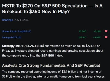 MSTR To Be Included Into S&P 500 