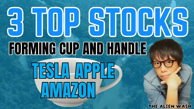 3 Top Stocks showing Cup and Handle pattern. Tesla, Amazon, and Apple