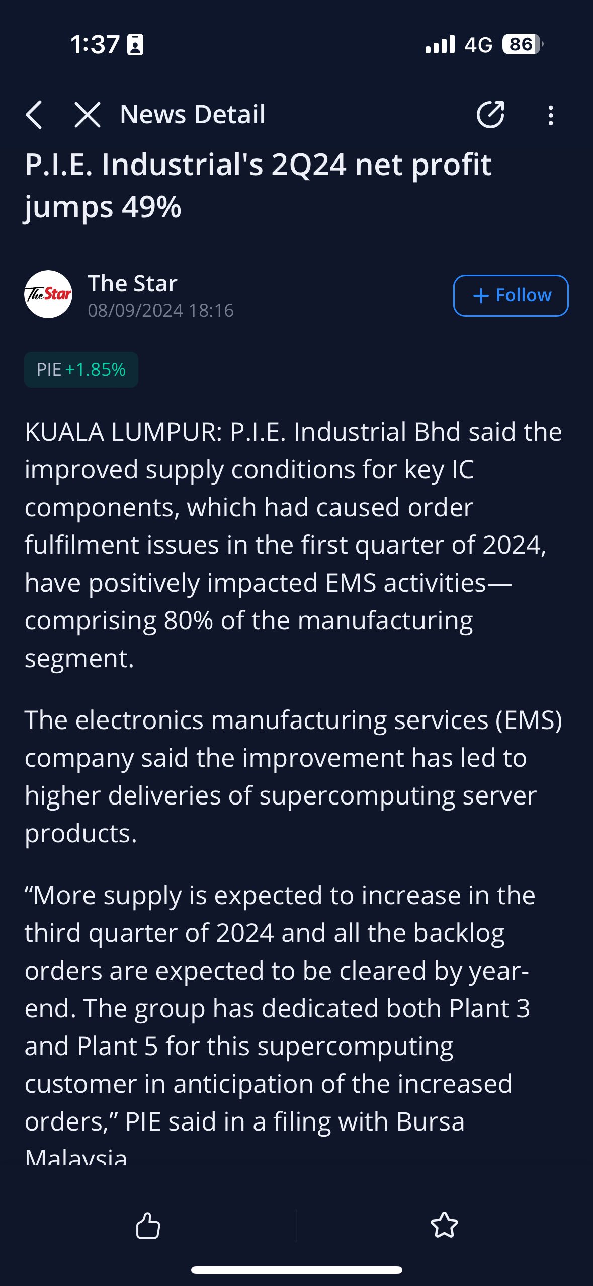 P.I.E. Industrial's 2Q24 net profit jumps 49%