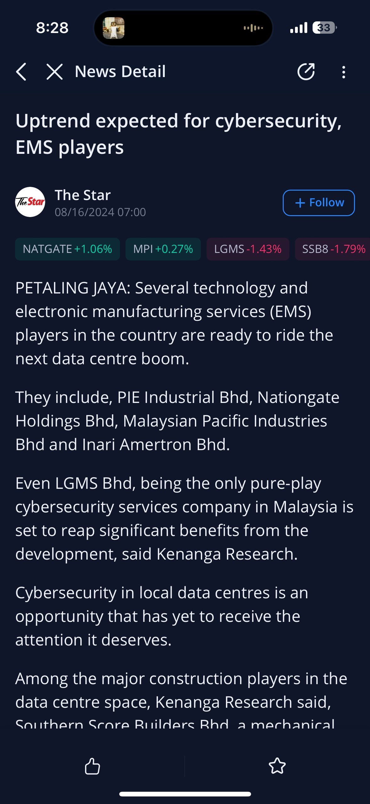 $PIE (7095.MY)$  $NATGATE (0270.MY)$ Kenanga Research 表示，馬來西亞太平洋工業 Bhd 和 Inari Amertron Bhd 將是下一個推動數據中心趨勢 MY 的大球員