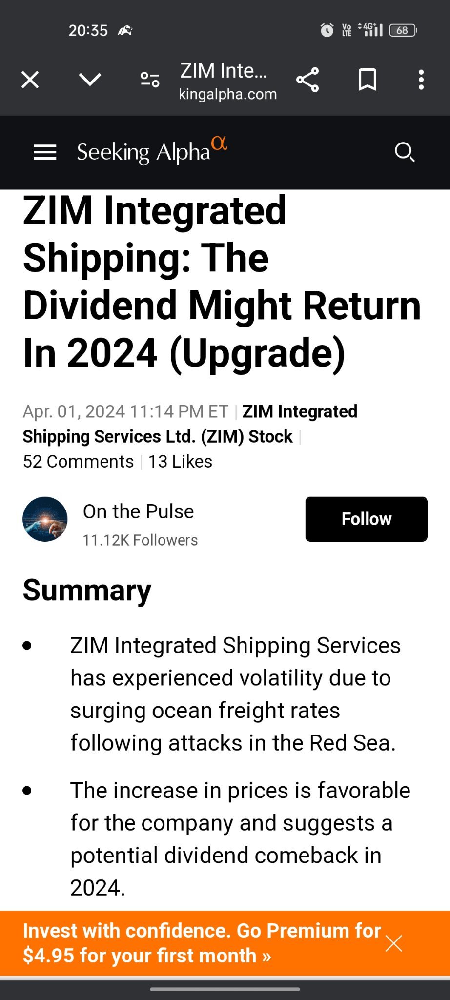 $ZIM Integrated Shipping (ZIM.US)$ hopefully divys are here for q4 earnings (don't forget red sea tension at yearend 2023 raises the shipping rates so probably ...