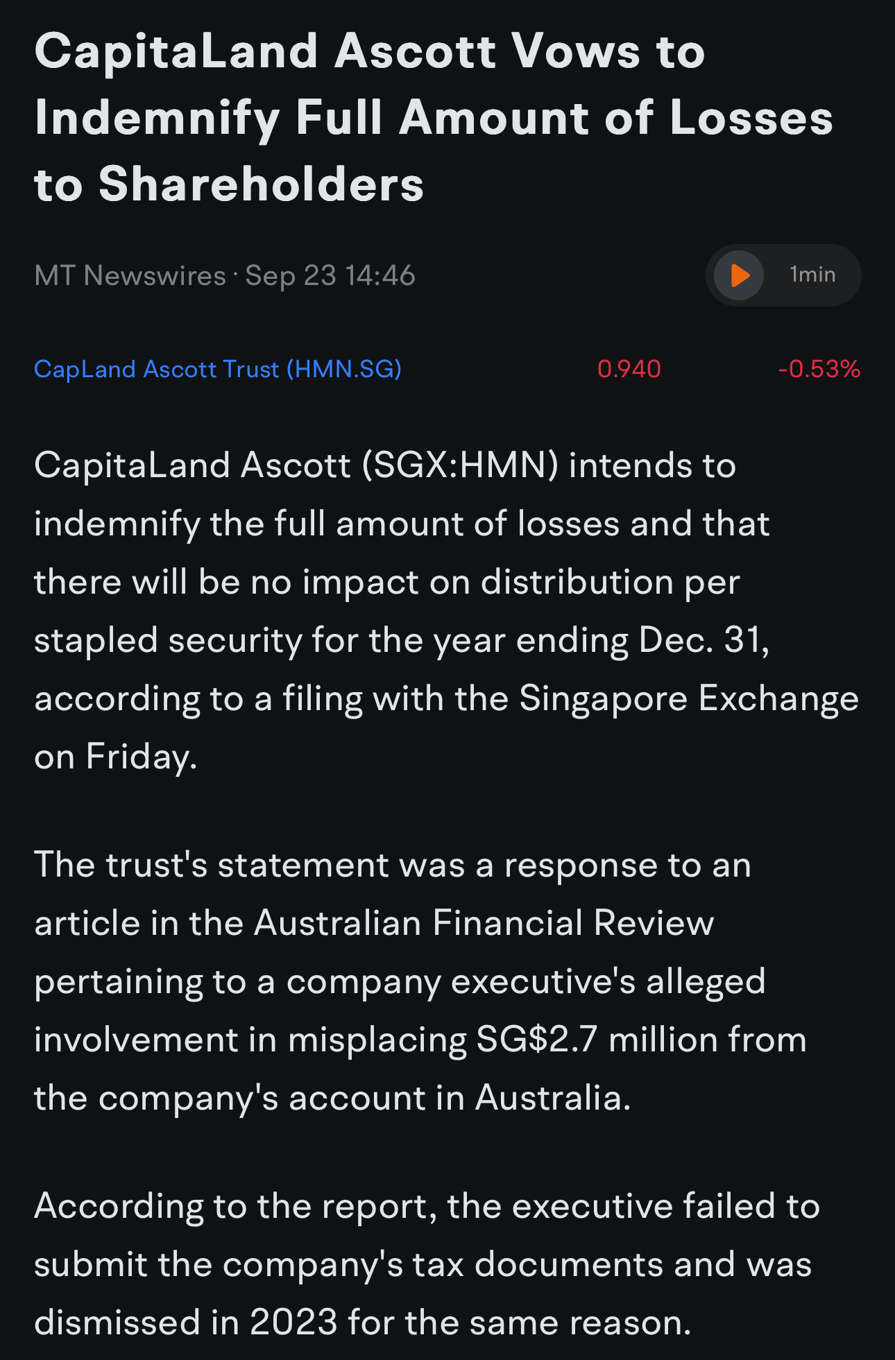 $CapLand Ascott Trust (HMN.SG)$ 彼らはかなり速く対応しますが、株価は少し下がったようです。