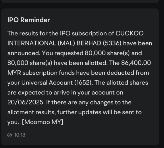 Cuckoo IPO股份成功分配给我