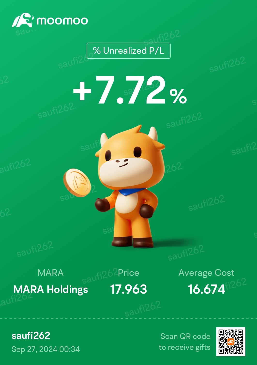 $MARA Holdings (MARA.US)$  on my journey to collect 100 shares!!! later, can open Covered Call on this 💪💪💪 60 shares to go!!!