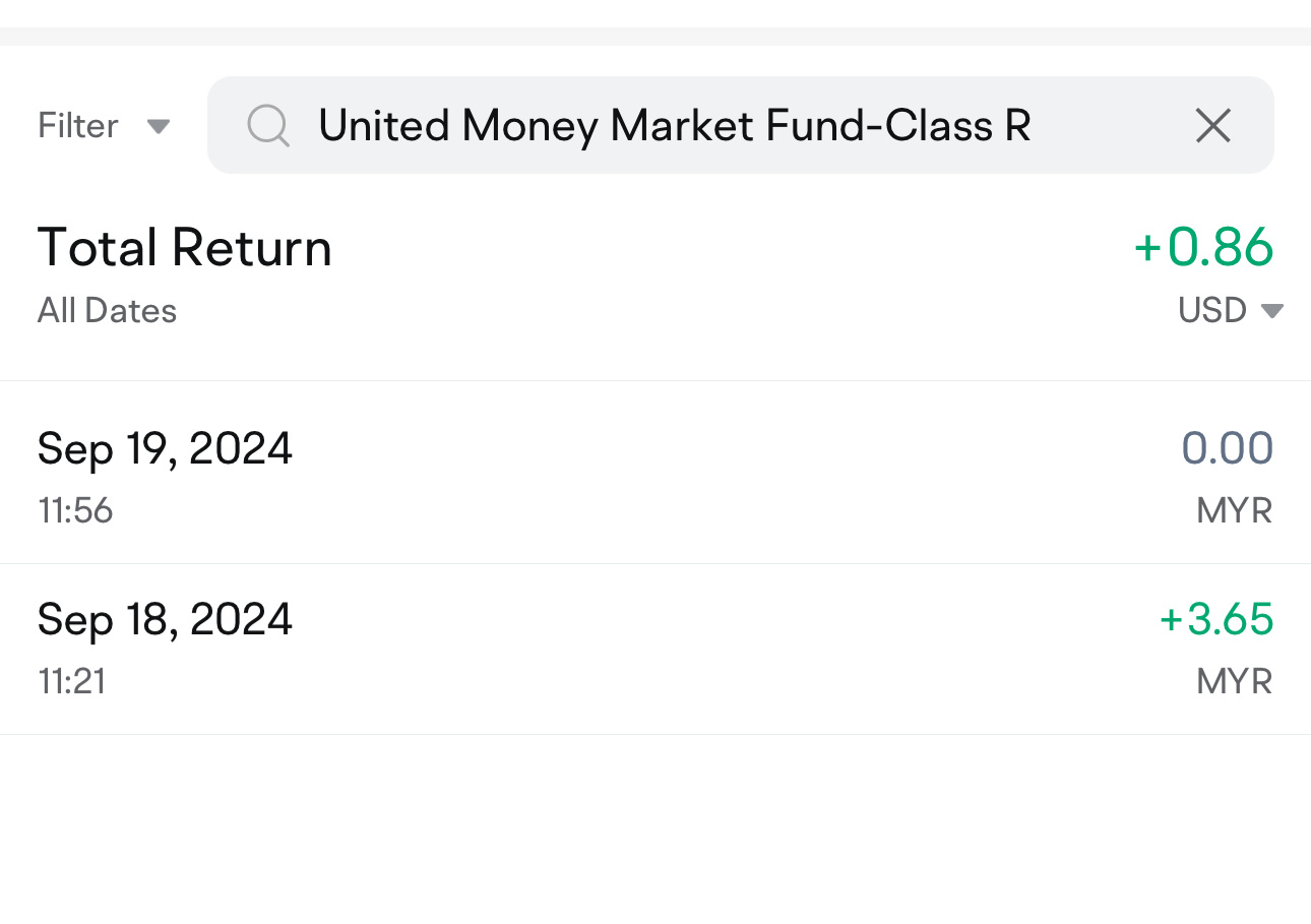 $United Money Market Fund-Class R (MYU9100AN000.MF)$ 为什么今天没有返还？有人知道返还是如何工作的吗？我以为应该是每天的基础？