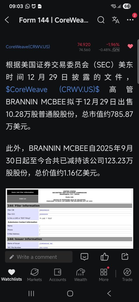 如果谁持仓的，你们的钱部分己经落入他的口袋。。还有很多insider在76块卖出。。。千万不要做梦可以反弹。。。
