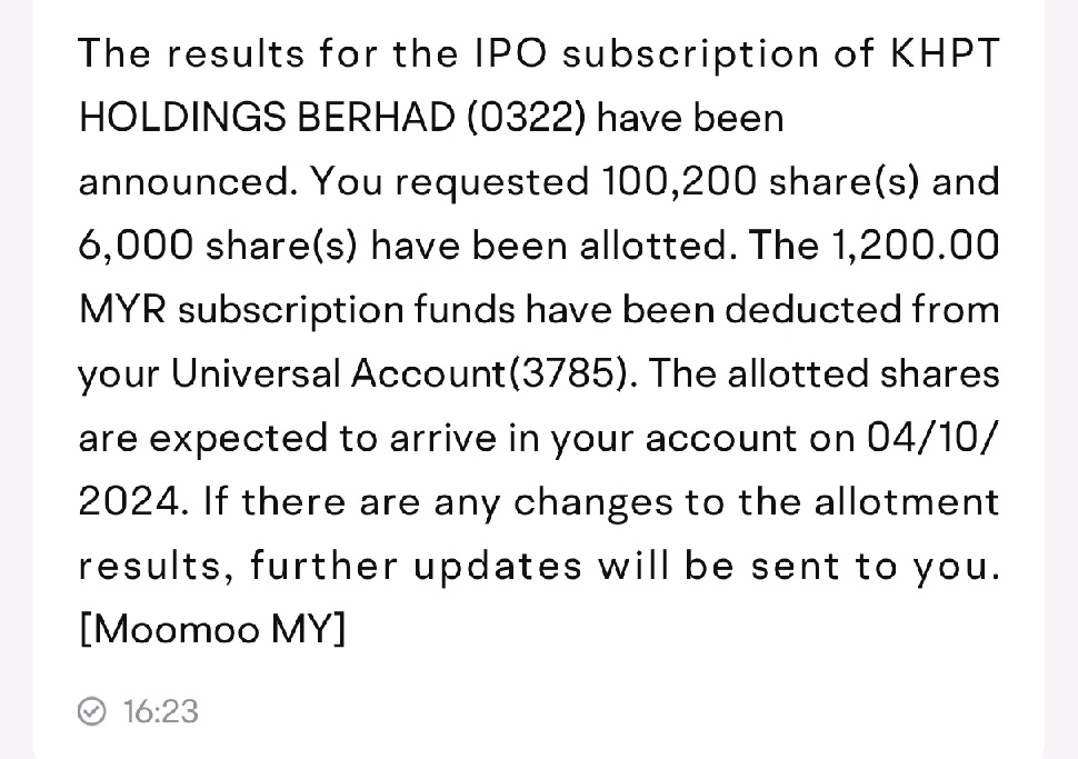 私の申し込みでKHPt IPOの6%を取得しました。このIPOは1日目の上場で上昇の可能性があると信じています。