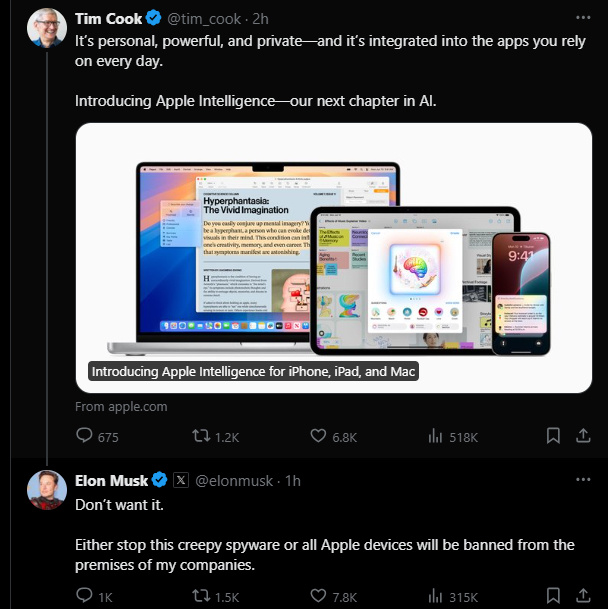 $Apple (AAPL.US)$ Elon to ban Apple devices from the premises of his companies if the integration of OpenAI and Apple happens.