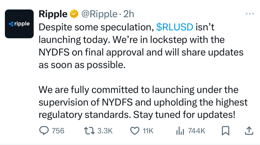 $瑞波币 (XRP.CC)$ RLUSD延迟