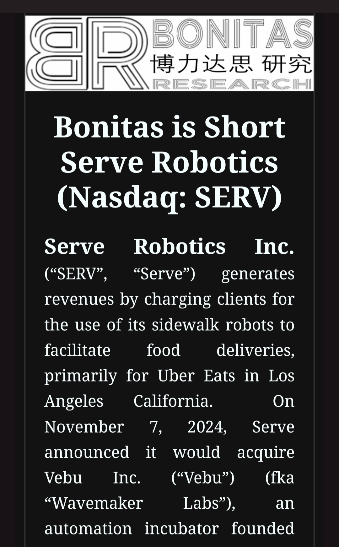 $Serve Robotics (SERV.US)$ 我已經觀察這支股票幾天了，直到26分鐘前收到了一份報告。