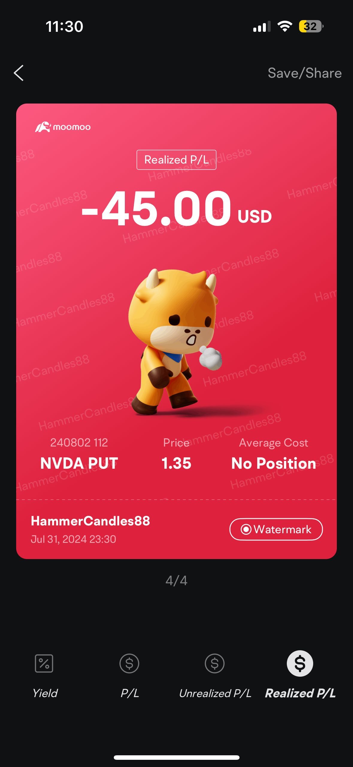 $英伟达 (NVDA.US)$ 昨天的看跌被设定在止损位。我不怕分享我的损失👌 今天没有贪婪。我不认为我卖得太早。了解你的每日利润👏🏻