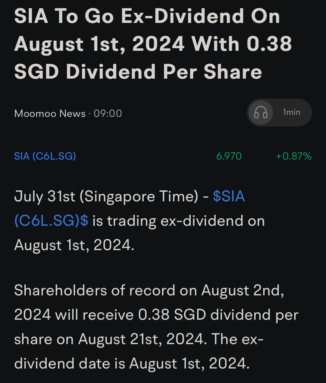$SIA (C6L.SG)$ Ex dividend on August 2