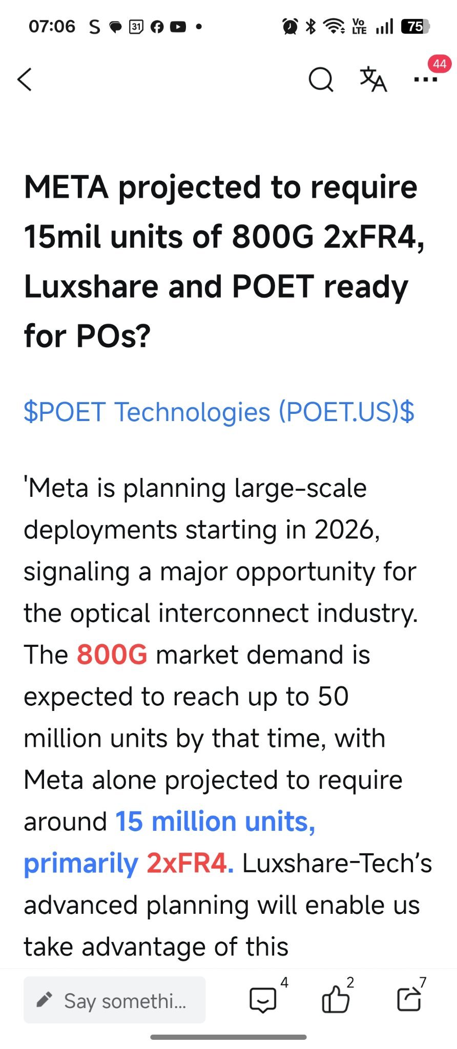 POET社の2026年売上高見込みは3300万ドルから9100万ドルの範囲と推定されています。Luxshare社との提携... -  moomooコミュニティ