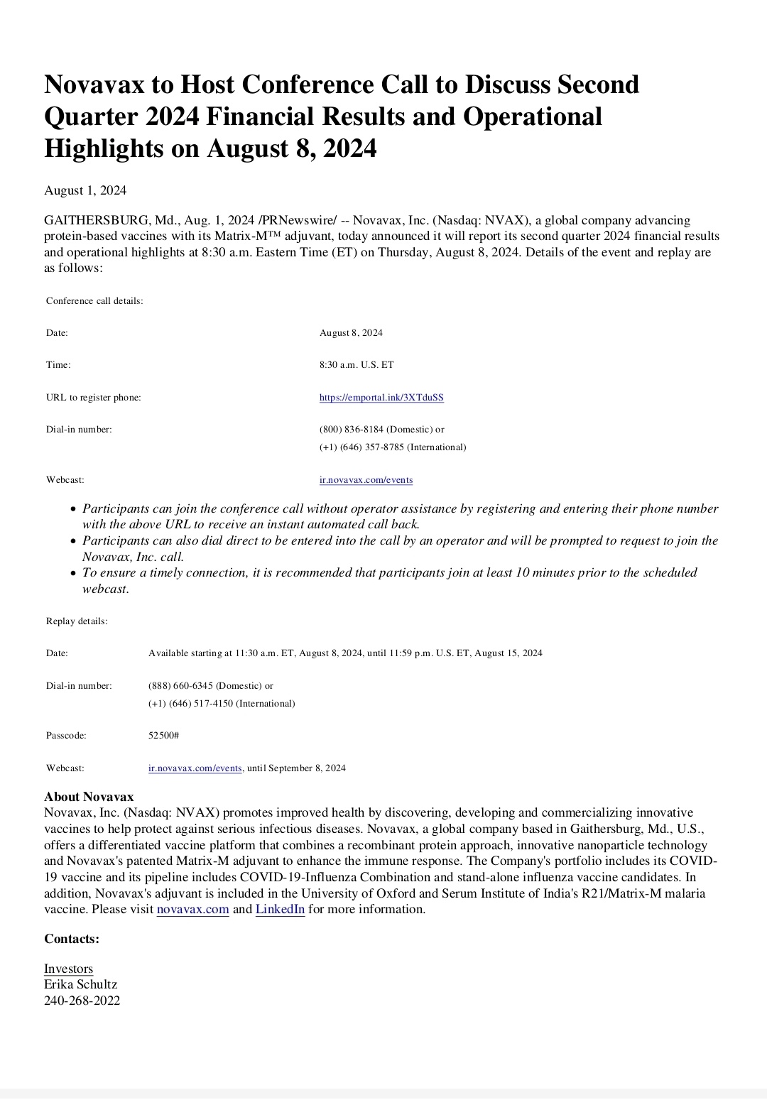 Novavax to Host Conference Call to Discuss Second Quarter 2024 Financial Results and Operational Highlights on August 8, 2024