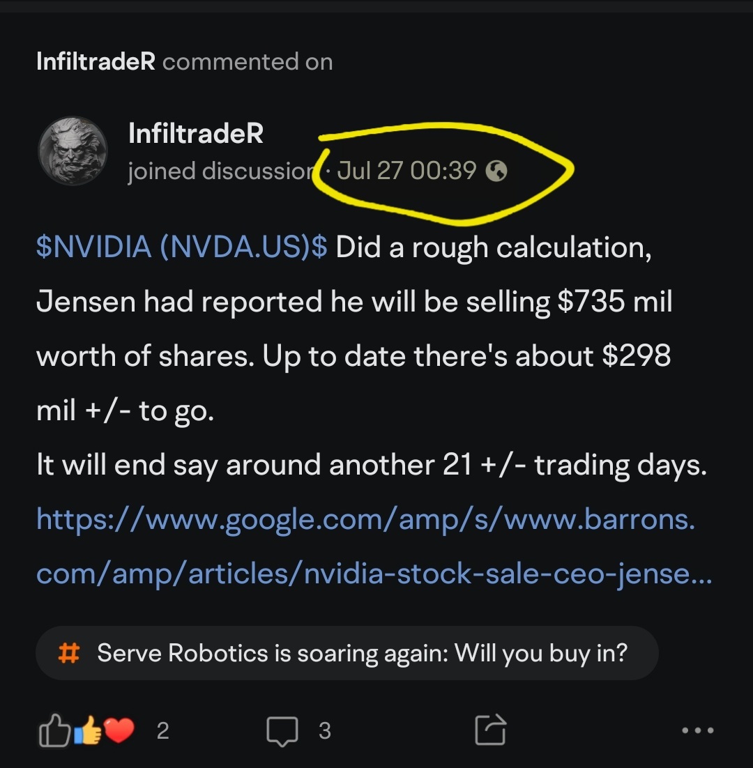 $NVIDIA (NVDA.US)$ Gonna repost this for the last time. Whether you like it or not, Jensen will sell his shares. It will likely end by August 21st +/-. At age 6...