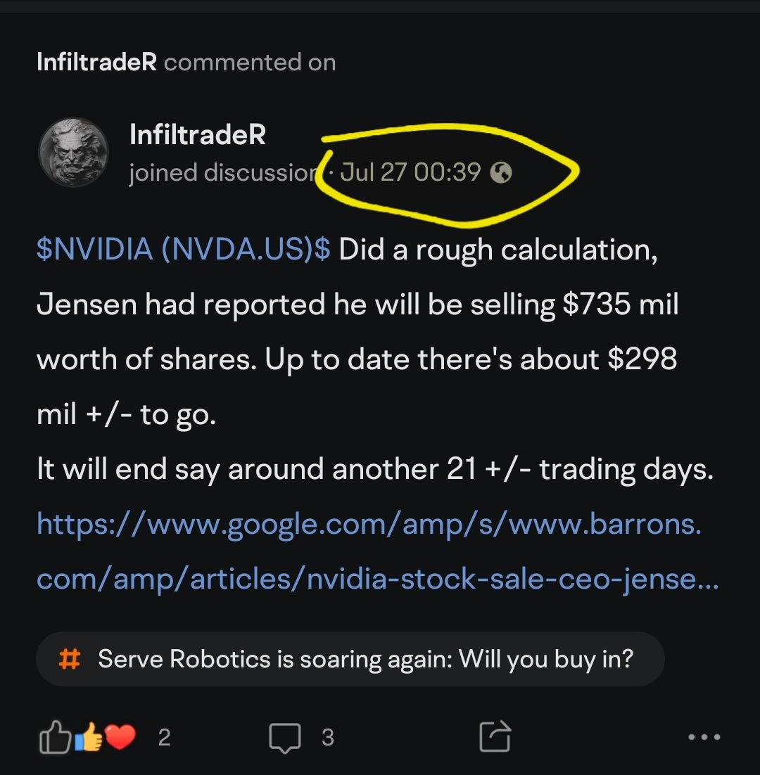 $英偉達 (NVDA.US)$ 要上次重新發布這個。不管你喜歡或不喜歡詹森都會賣出他的股票它可能會在 8 月 21 日結束 +/-。 61 歲時，他應該享受獎勵。相信英維亞。