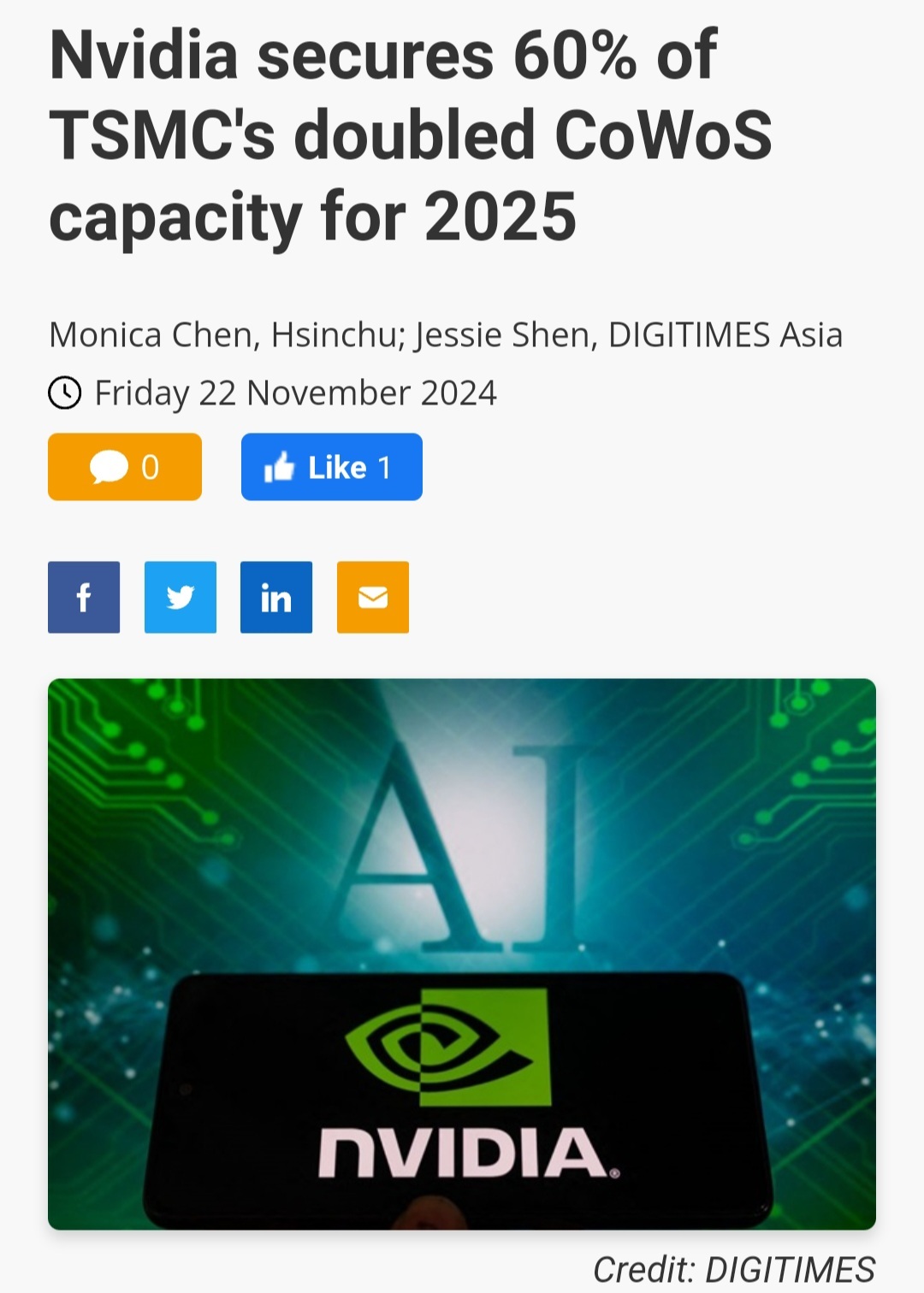 $英伟达 (NVDA.US)$$台积电 (TSM.US)$ 台积电计划在2025年将CoWoS封装生产能力增加一倍以上，以满足人工智能服务器-云计算需求激增。行业消息称，英伟达将消耗高达这一扩容能力的60%，而AMD和ASIC开发商则在努力增加...