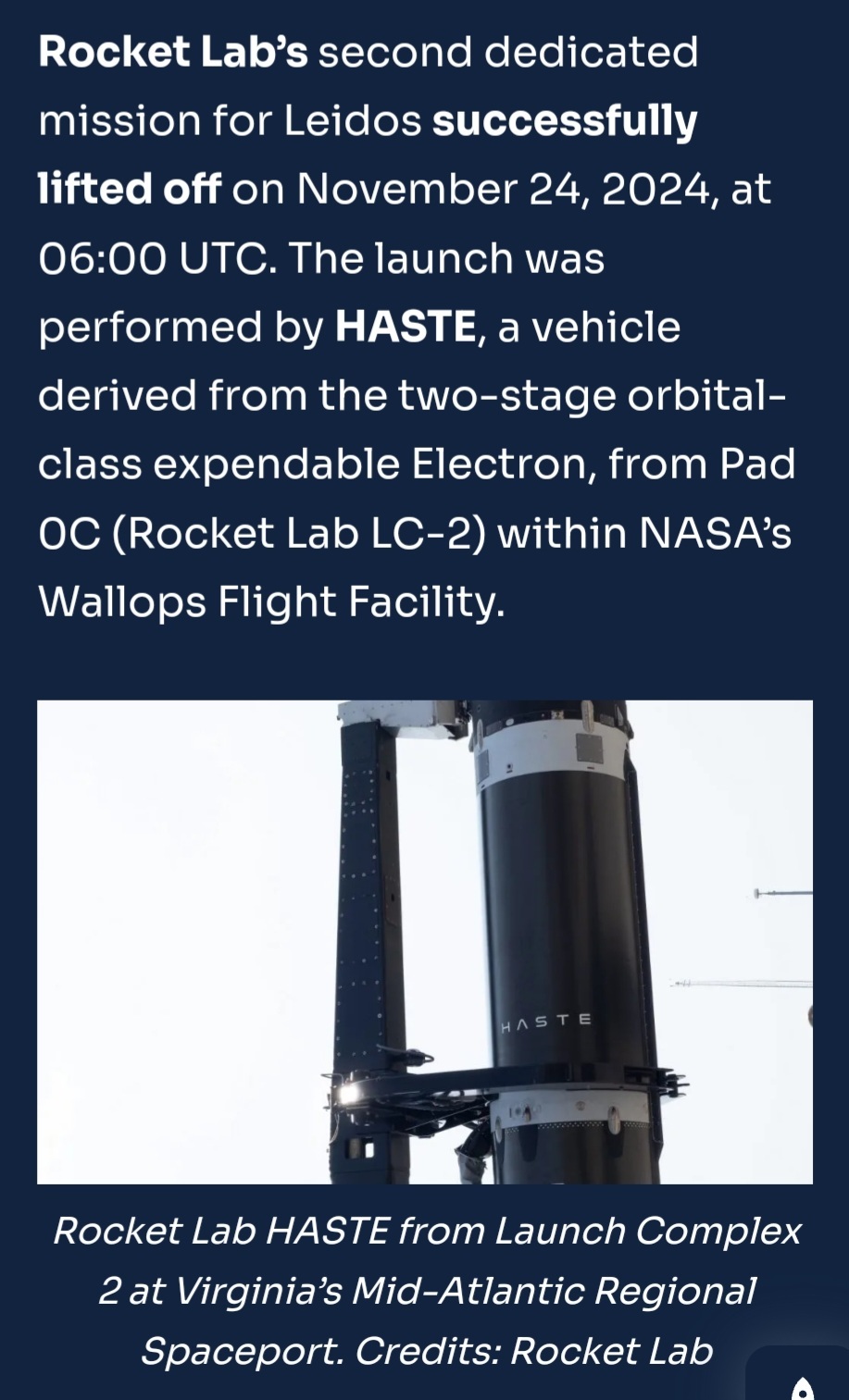 $Rocket Lab (RKLB.US)$ Leidos 2 - Haste launch was a success!!!🚀🚀🚀 👉 Electron will be launching tomorrow 25th November 2024