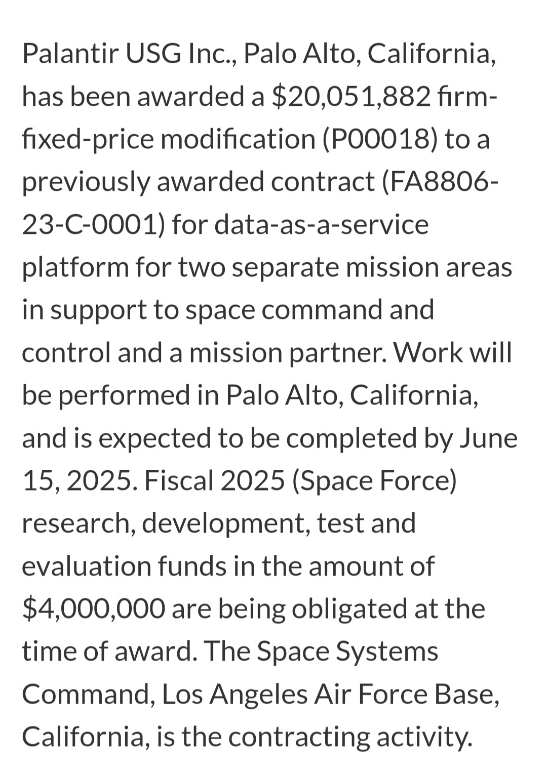 $Palantir (PLTR.US)$ 两份价值5700万美元的合同，别忘了本月（12月）到期的泰坦合同的潜力。继续保持!!!💪💪💪 https://www.defense.gov/News/Contracts/Contract/Article/4001063/