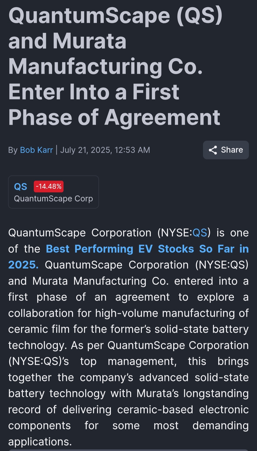 QuantumScape (QS.US)$ 与村田制造所达成协议。🇯🇵 - moomoo 社区