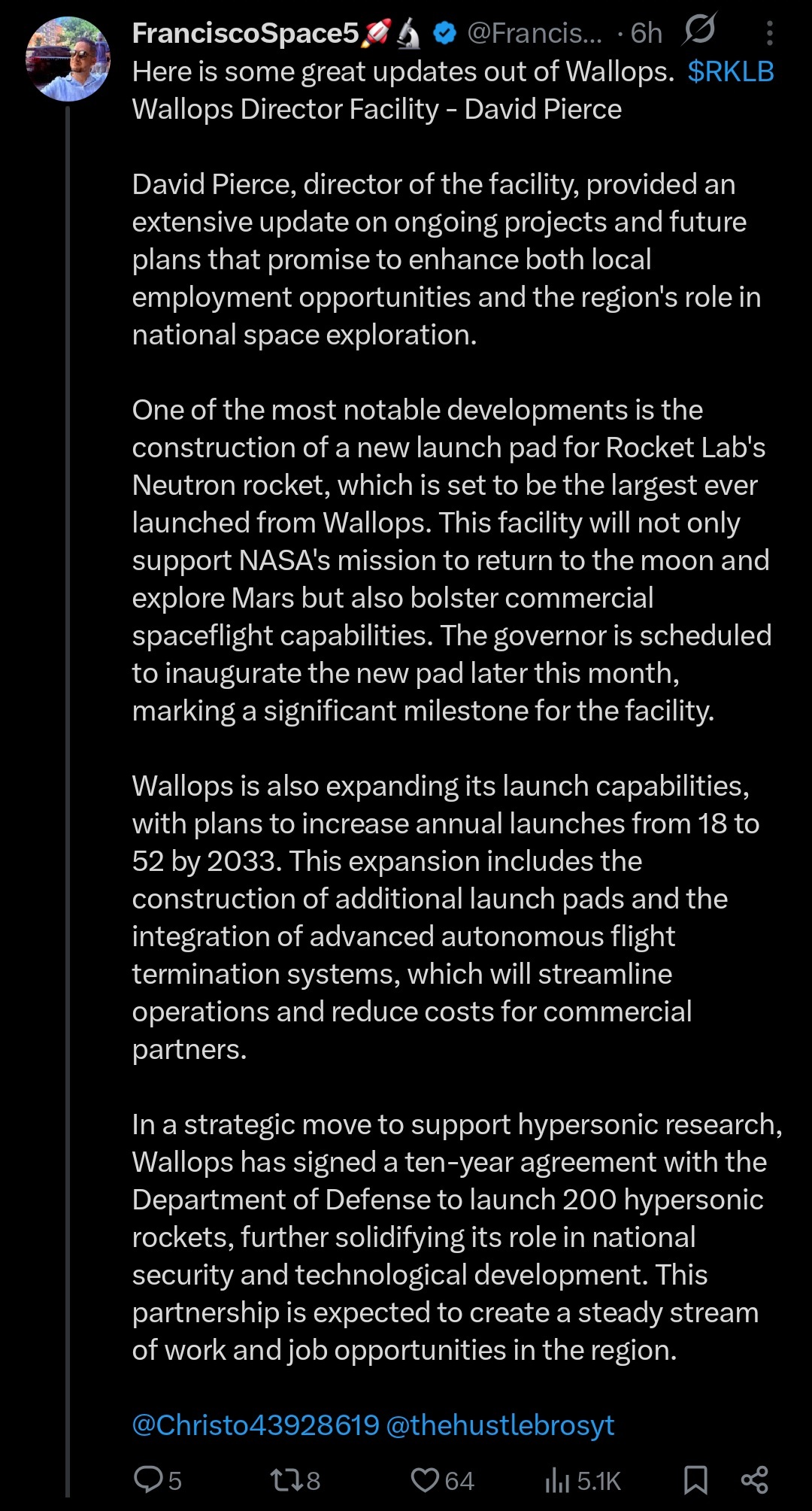 Wallops与国防部签署了为期10年的协议，计划发射200枚高超音速火箭。
