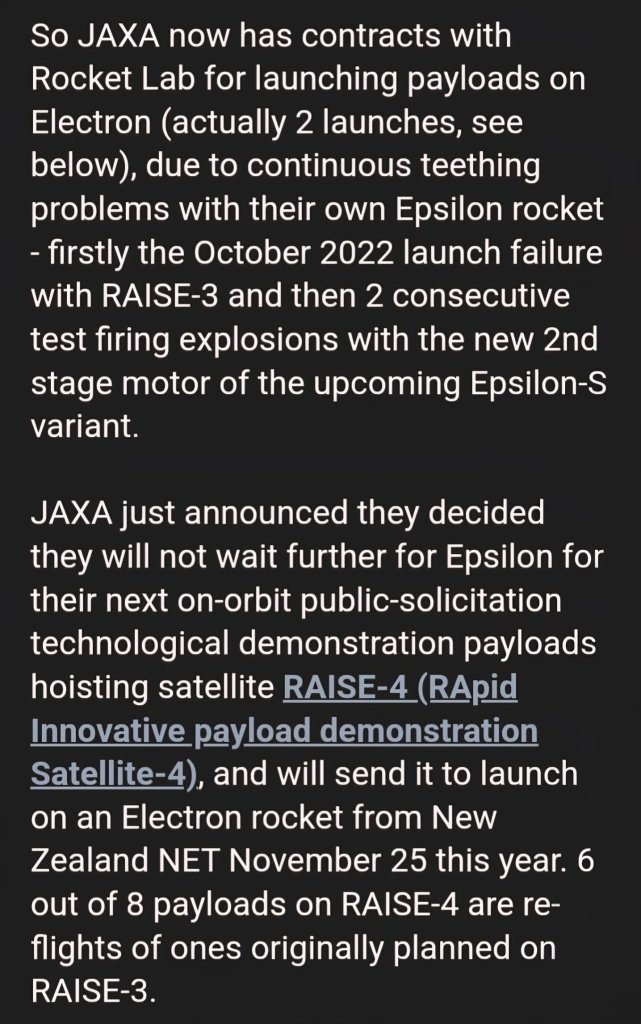 在JAXA的Epsilon火箭遭遇多次失败后，Rocket Lab介入——RAISE-4将由Electron火箭发射
