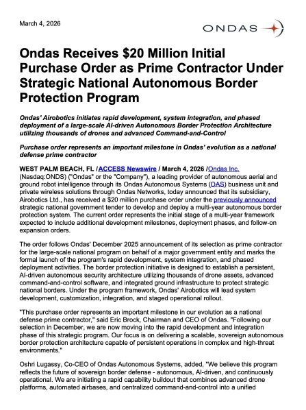 Ondas received $20 mil initial purchase order.