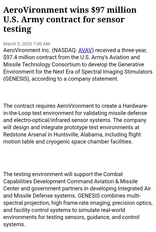 AeroVironment wins $97.4M U.S. Army contract to advance next-gen sensor testing