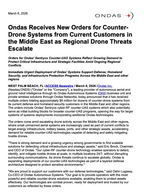 Ondas Receives New Orders for Counter-Drone Systems from Current Customers in the Middle East as Regional Drone Threats Escalate