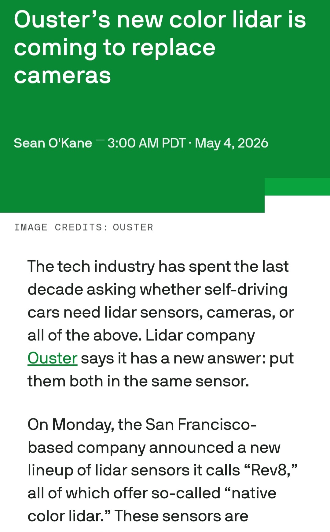 $Ouster (OUST.US)$ 該公司推出了其Rev8 OS系列，由下一代L4 Ouster硅芯片驅動。新傳感器具備Ouster所稱的全球首個獲得專利的原生彩色激光雷達功能，可實現點對點的3D彩色視覺。😍😍😍