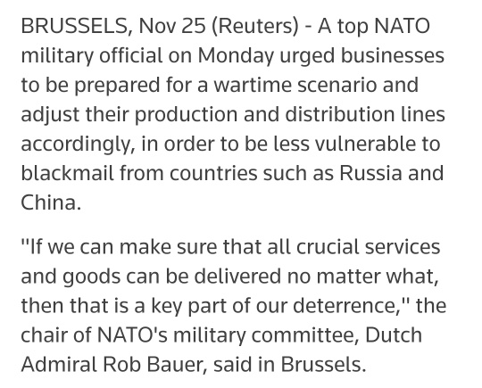 Top NATO official calls on business leaders to prepare for 'wartime scenario' - REUTERS