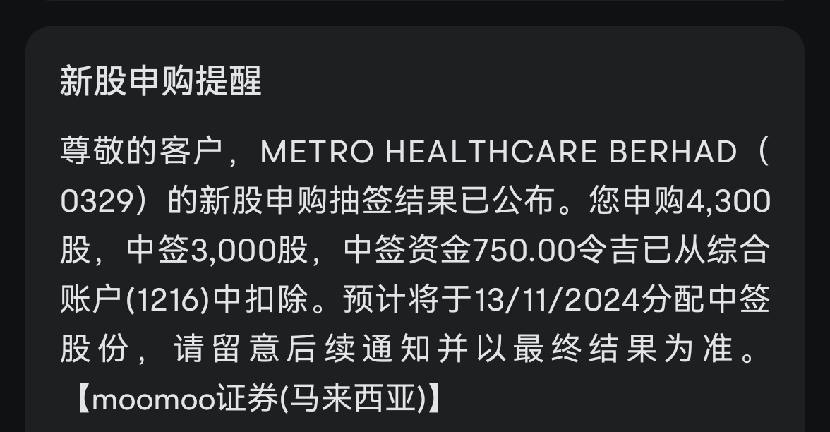 $METRO (0329.MY)$ Has everyone received the notification? For those who are allocated shares, it was mentioned that they would be informed today, but I have not...