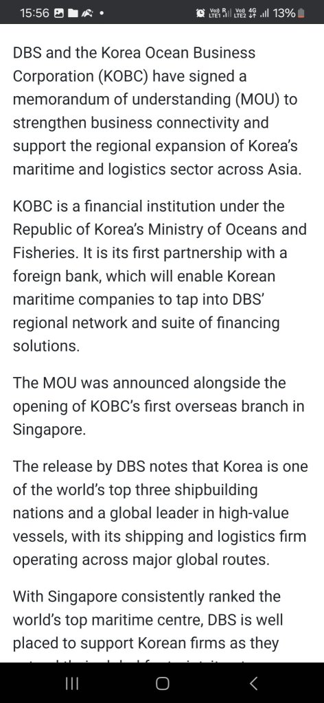DBS to provide banking solutions and financing to Korean Ocean Business Corporatìon