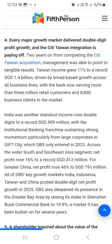 Evidence that DBS is having double digit growth in its wealth management businesses in Taiwan, India - It's totally not affected by China's clamp down on RMB taken out of China to HK: DBS deserves 70.