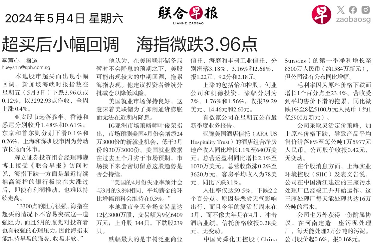 富時新加坡海峽指數(.STI.SG)$$奧峰酒店信託(XZL.SG)$$中國尚舜化工(QES.SG)$$上海實業... - moomoo 社區