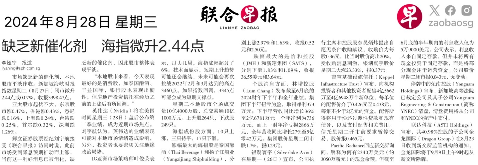 $FTSE Singapore Straits Time Index (.STI.SG)$$Lum Chang (L19.SG)$$Silverlake Axis (5CP.SG)$$Kep Infra Tr (A7RU.SG)$$Yongnam (AXB.SG)$$ASTI - watch list (575.SG)...