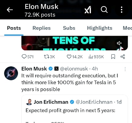 "1000% gain for Tesla" by Elon