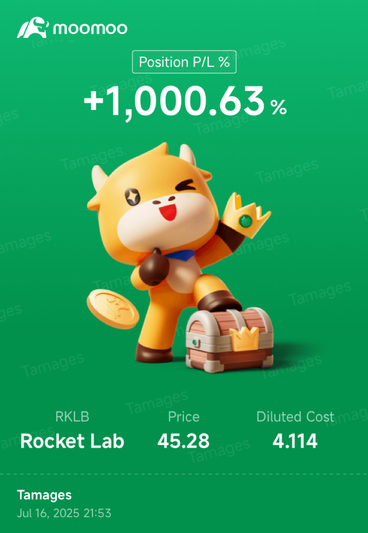 $Rocket Lab (RKLB.US)$ 正式成爲十倍股[呲牙]