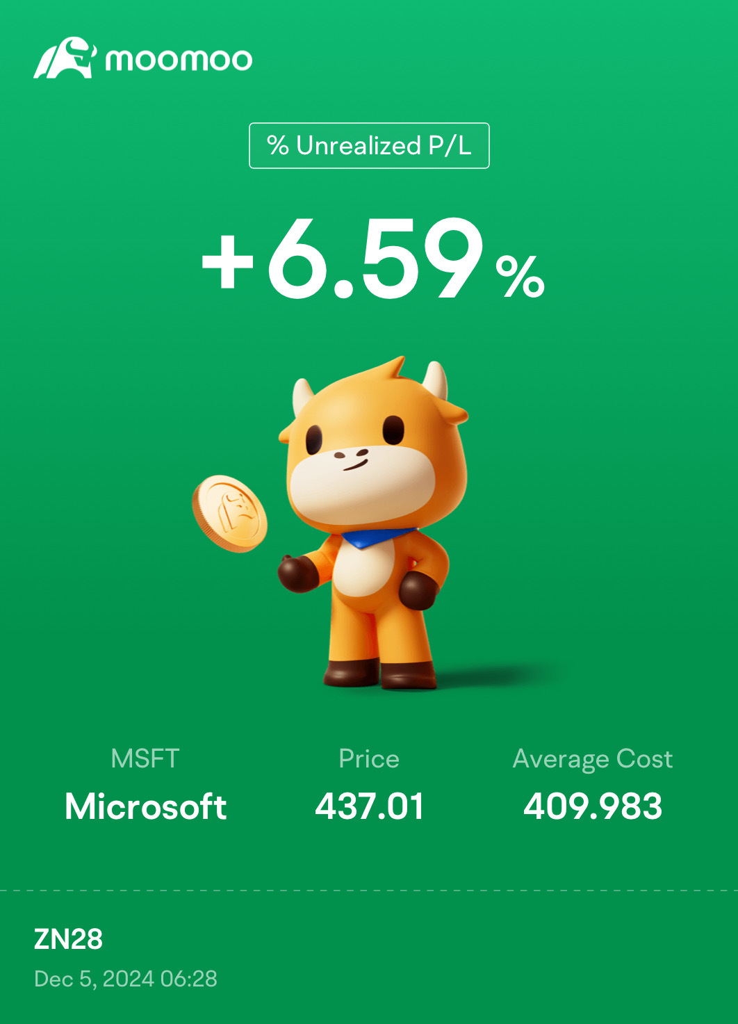 $微软 (MSFT.US)$ 在409点买入微软，在跌倒时买入是个好机会。