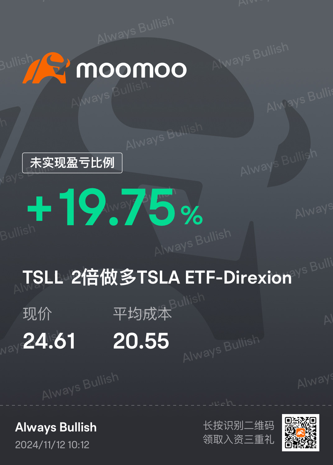 $2倍做多TSLA ETF-Direxion (TSLL.US)$ 人因爲貪 賺的更多 人因爲貪 賺的更少 你細品