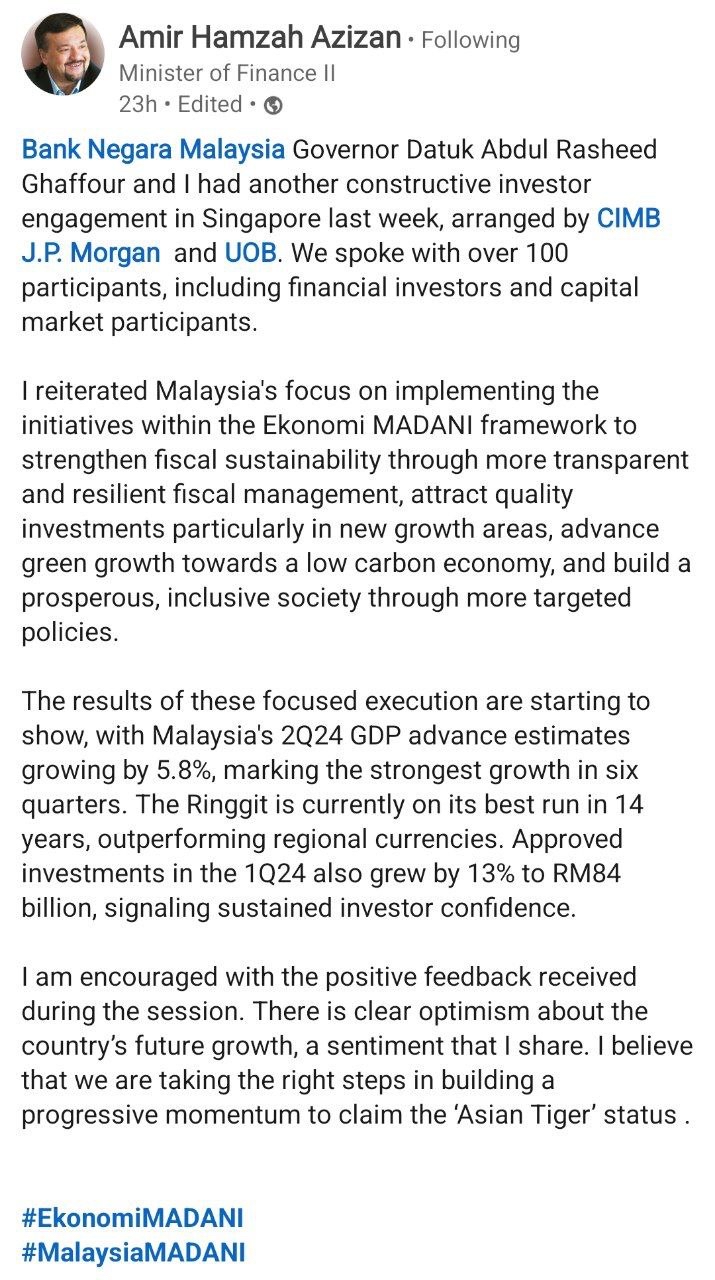 可喜可贺的马来西亚第二季度GDP初步估计增长5.8%，创下6个季度以来的最强增长。