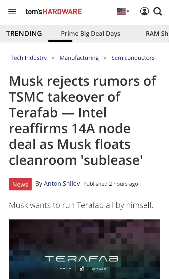 Musk ปฏิเสธข่าวลือเรื่อง TSMC จะเข้าซื้อกิจการ Terafab — ด้าน Intel ยืนยันดีลการผลิตระดับ 14A ขณะที่ Musk เสนอไอเดียเรื่องการ 'ปล่อยเช่าช่วง' ห้องคลีนรูม
