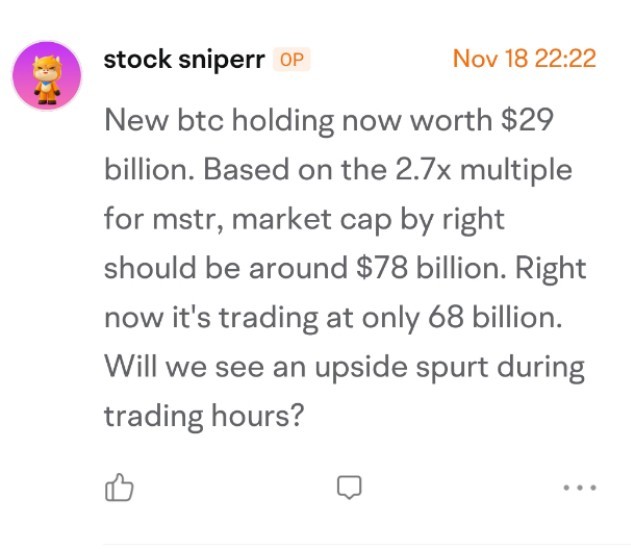 $MicroStrategy (MSTR.US)$ At start of trading yesterday I said mstr price should adjust to 78b market cap based on new btc holding. Was right. Price closed on 7...