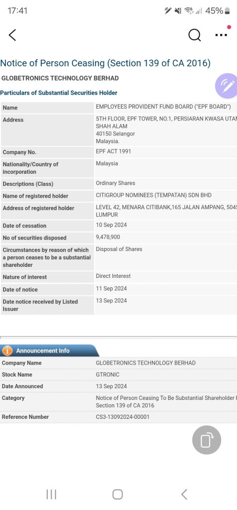 EPF Slashed down their stake to 3.29%