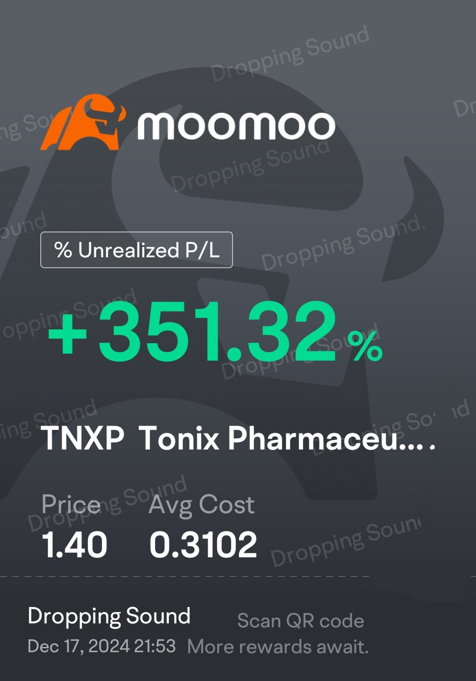 $Tonix Pharmaceuticals (TNXP.US)$ 我想要買入更多，但沒有錢，只有1000手也比較好  銀行利率。