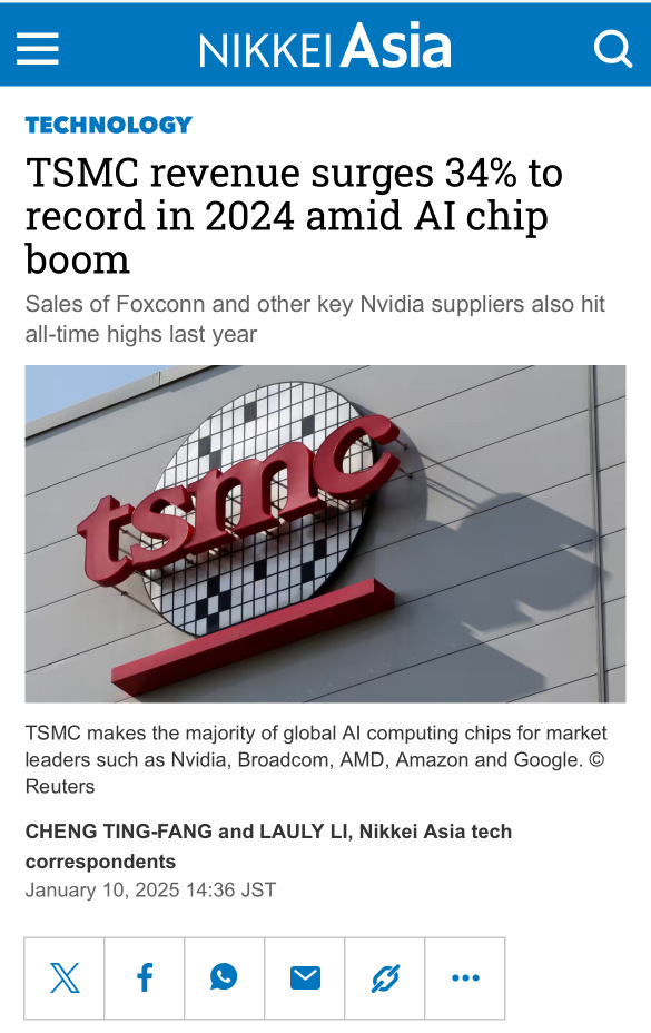 TSMC revenue surges 34% record high in 2024 👏🚀