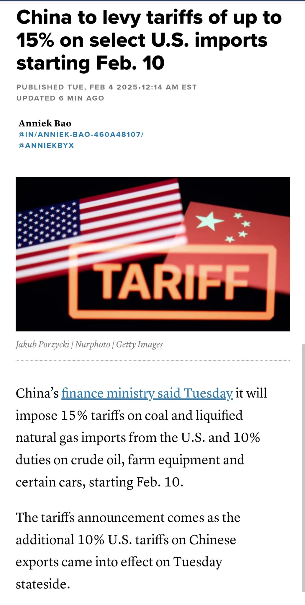 中國對自2023年2月10日起的部分美國進口商品徵收最高15%的關稅。