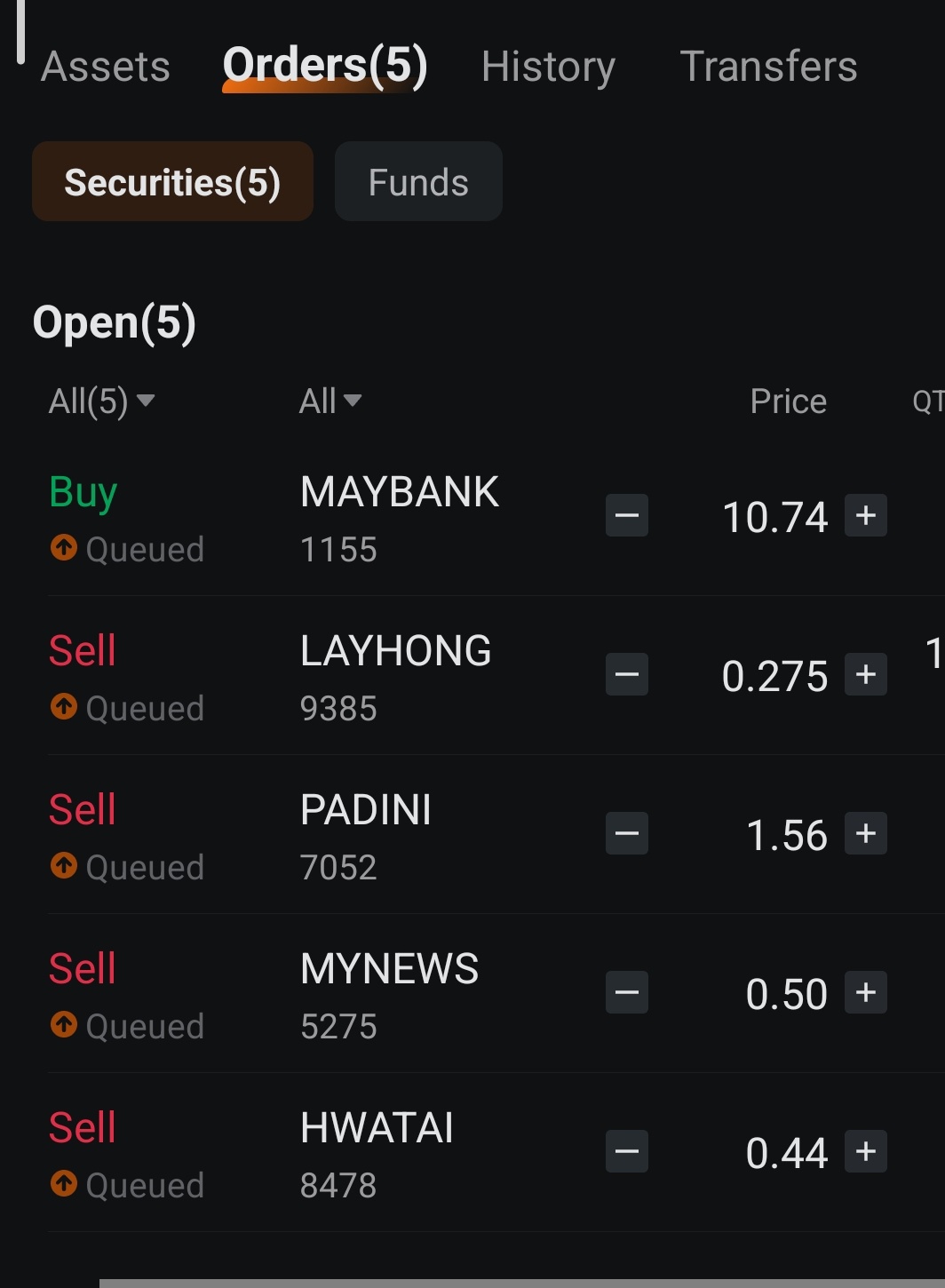 รายการคำสั่งซื้อขายของฉันในวันนี้ รวมถึงของ $undefined (1155.MY)$