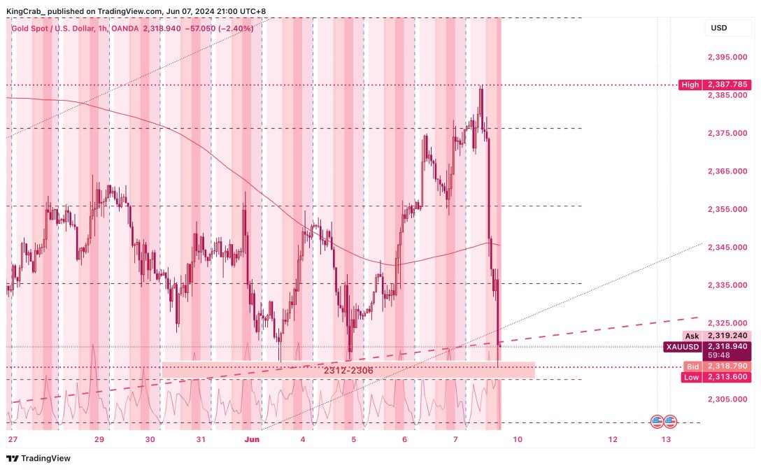 Ooushh ! Gold took a nasty Dip down 2.5% to 2313 after that key US jobs report . 😈